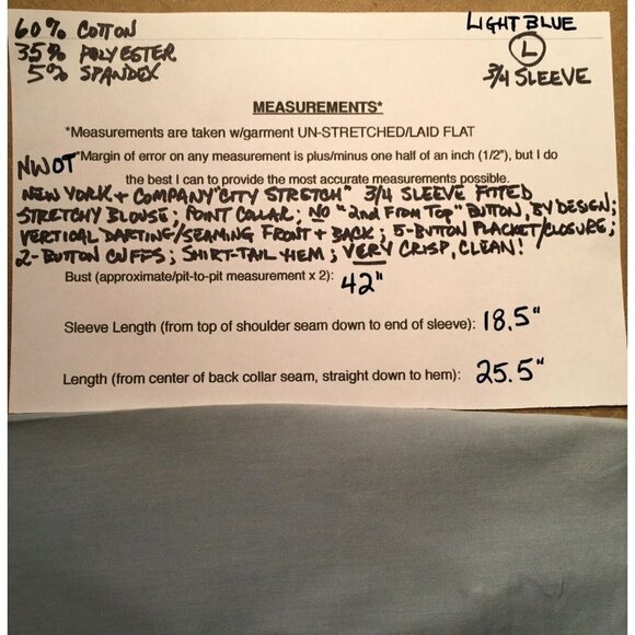 NEW YORK & COMPANY “City Stretch” Fitted STRETCH Blouse, LIGHT BLUE, NWT, Size L - Picture 8 of 8